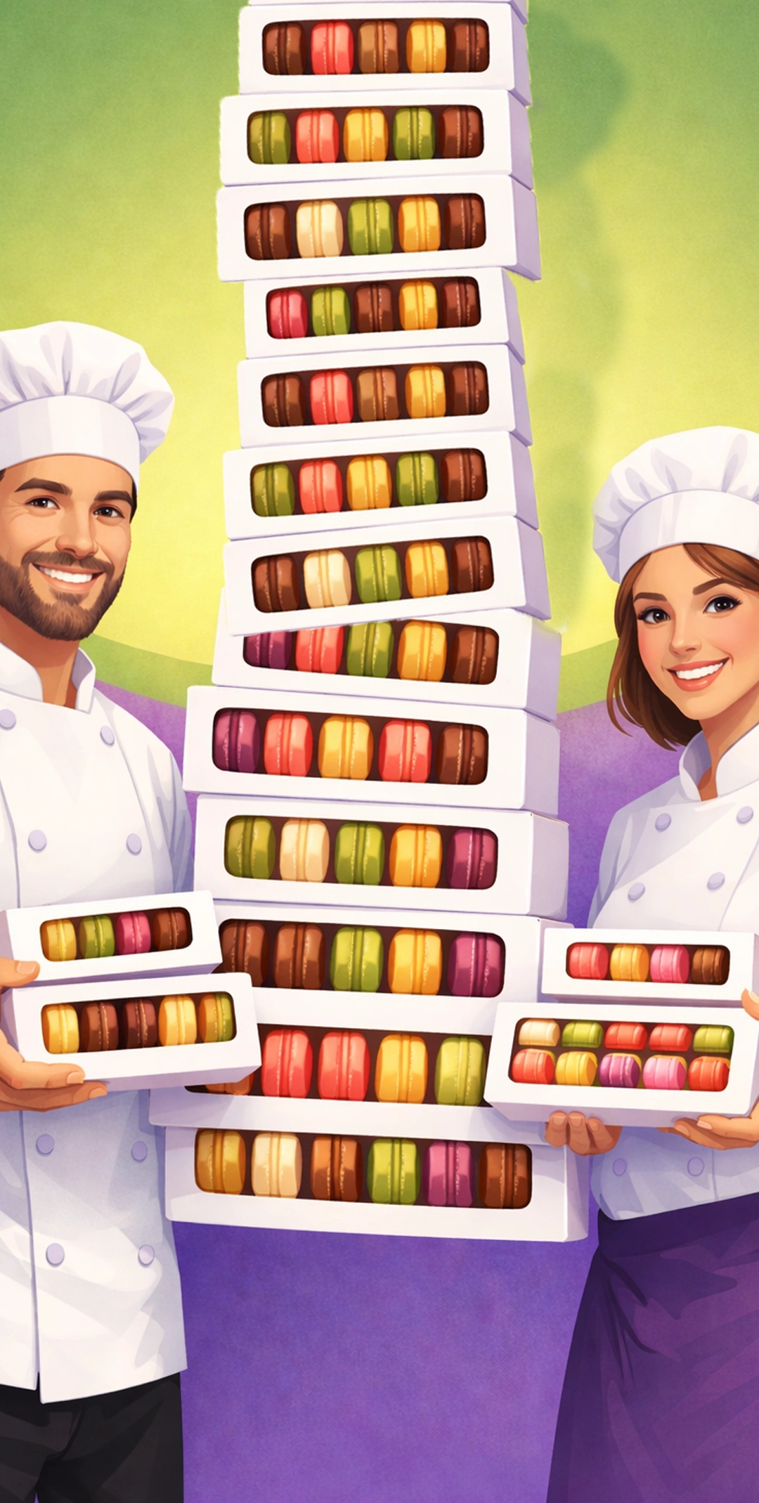 Deux pâtissiers souriants présentent une grande pile de boîtes de macarons.